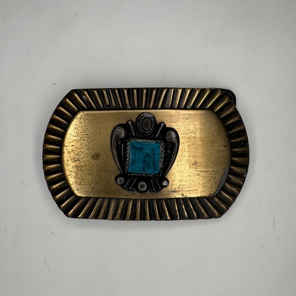 Vintage Southwestern Brass Tone Belt Buckle Faux Turquoise Sunburst Border